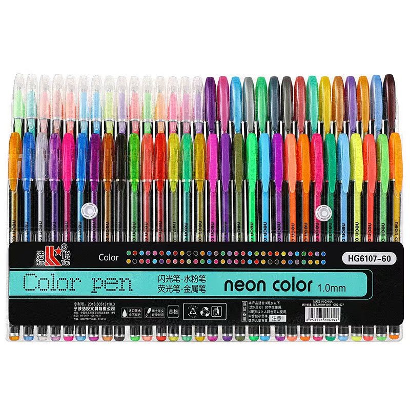 60colors high quality gel ink pen stationery set with pvc and assorted color including neon/glitter/metallic/fluorescent