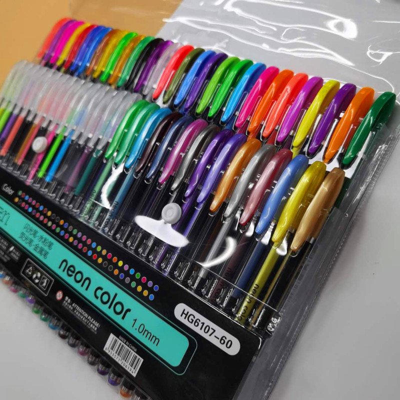 60colors high quality gel ink pen stationery set with pvc and assorted color including neon/glitter/metallic/fluorescent