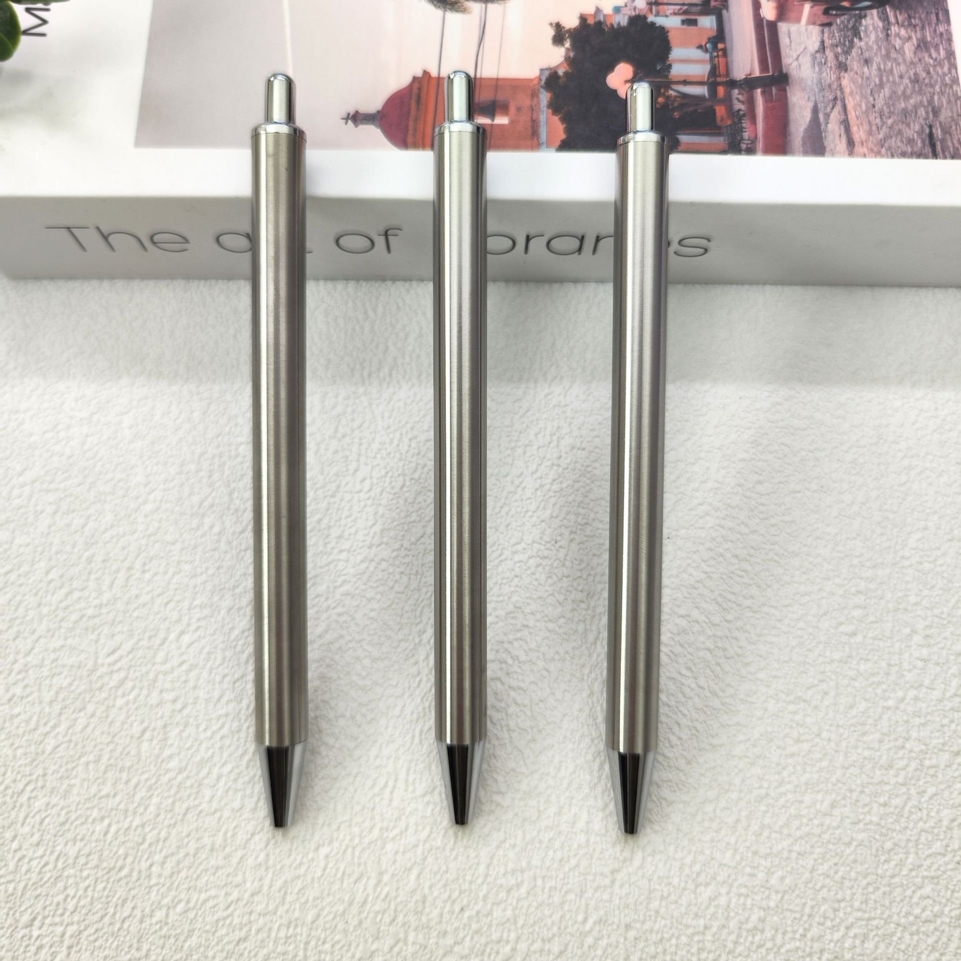 Custom Smooth Straight Metal Gel Pen Stylish Fashionable Slimline Stainless Steel Click Pen with No Clip