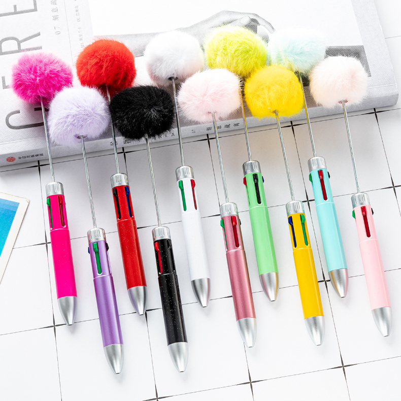 DIY hair ball 4 in 1 Plastic Ballpoint Pens Black Ink DIY Gift School Office Writing Supplies Stationery Plastic Beaded Pens