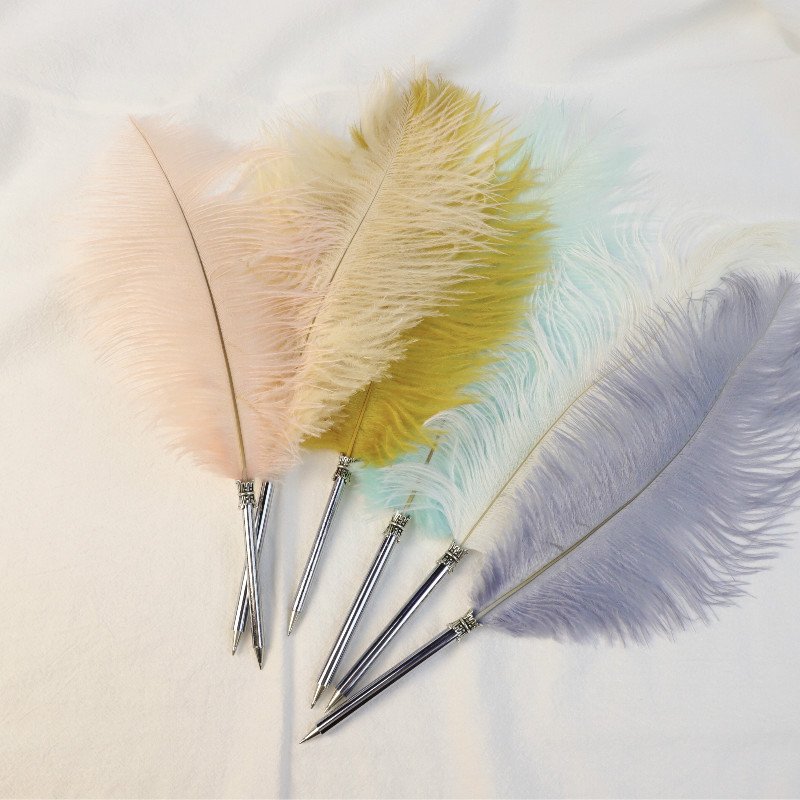 Wedding Signature Pen Ostrich Feather Quill Ballpoint Pen Yellow