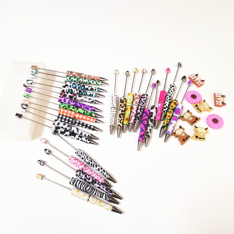 Christmas printed color silicone beads charm accessories printed blanks ballpoint pens custom diy beaded pens