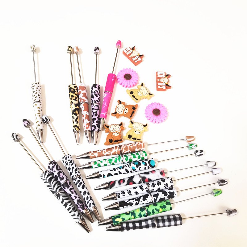 Christmas printed color silicone beads charm accessories printed blanks ballpoint pens custom diy beaded pens
