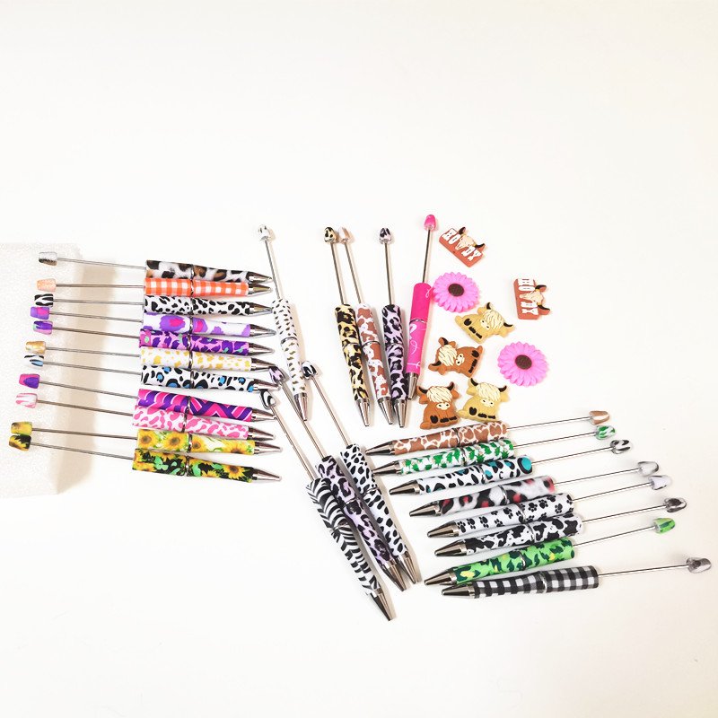 Christmas printed color silicone beads charm accessories printed blanks ballpoint pens custom diy beaded pens