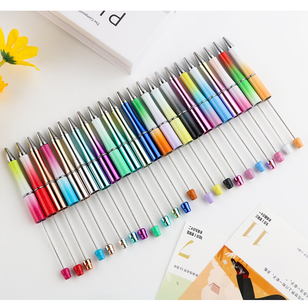 Reviright Wholesale Add a Bead Colorful Glitter Plastic Pens Free Sample Beads Ballpoint Plastic DIY Beaded Pens