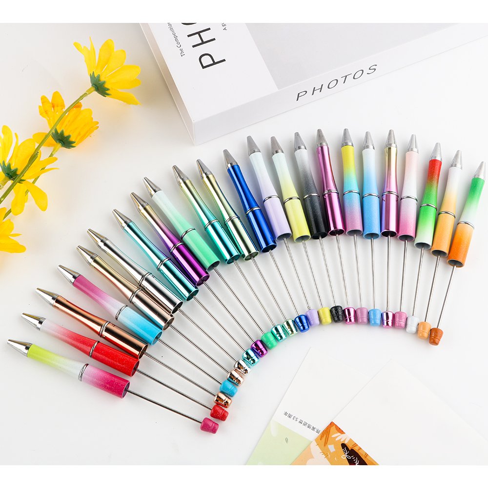 Reviright Wholesale Add a Bead Colorful Glitter Plastic Pens Free Sample Beads Ballpoint Plastic DIY Beaded Pens
