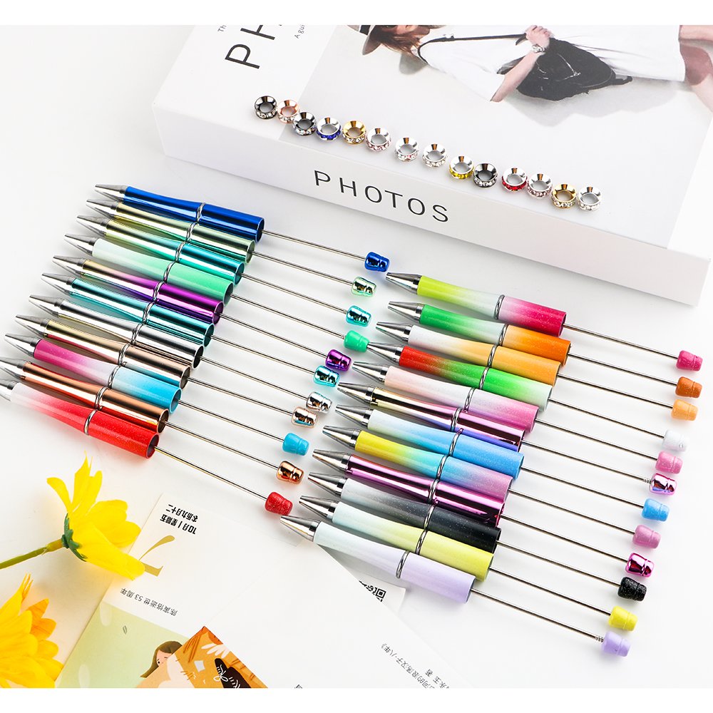 Reviright Wholesale Add a Bead Colorful Glitter Plastic Pens Free Sample Beads Ballpoint Plastic DIY Beaded Pens