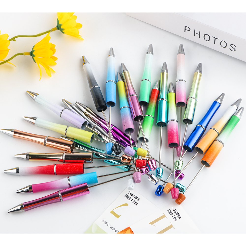 Reviright Wholesale Add a Bead Colorful Glitter Plastic Pens Free Sample Beads Ballpoint Plastic DIY Beaded Pens