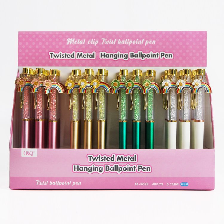 O&Q Wholesale creative rainbow and flower metal pendant twist ballpoint pen with diamond crystal sand Can be customized