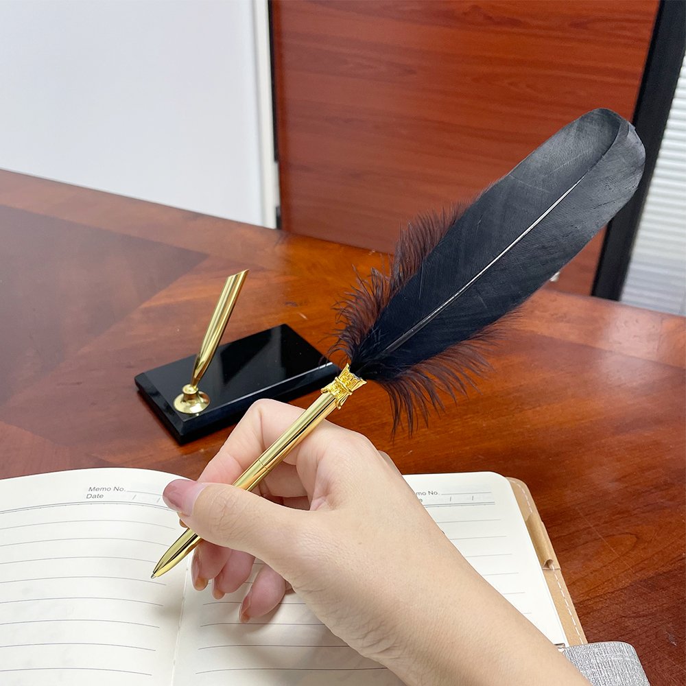 Company annual gift idea writing accessories luxury black office signing pen goose feather quill pens black feather pen