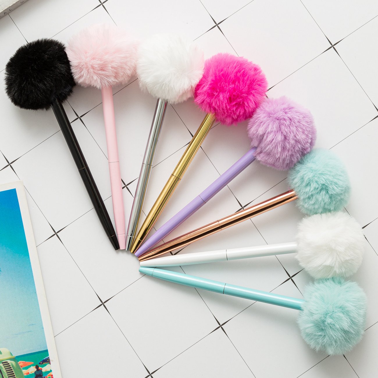 Wistiti Style Pom Pom Pen Kawaii Cute Bow Plush Ballpoint Pens fur ball decoration metal pen