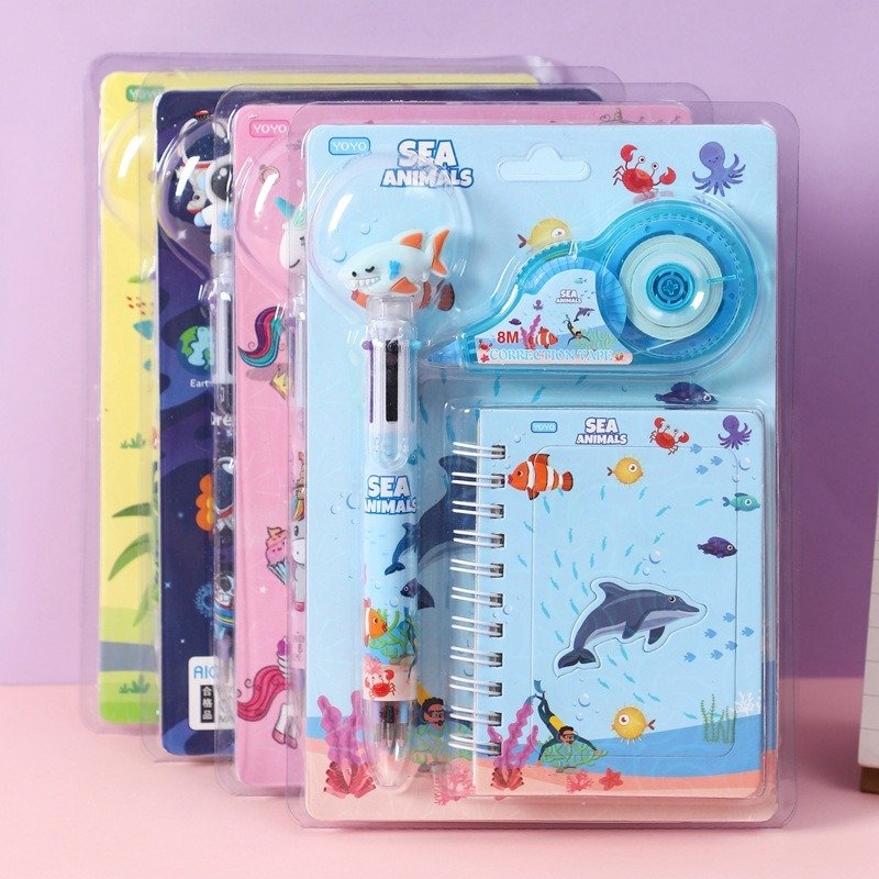Cartoon silicone 6-color ballpoint pen correction with stationery set, school opening season gifts, school stationery supplies