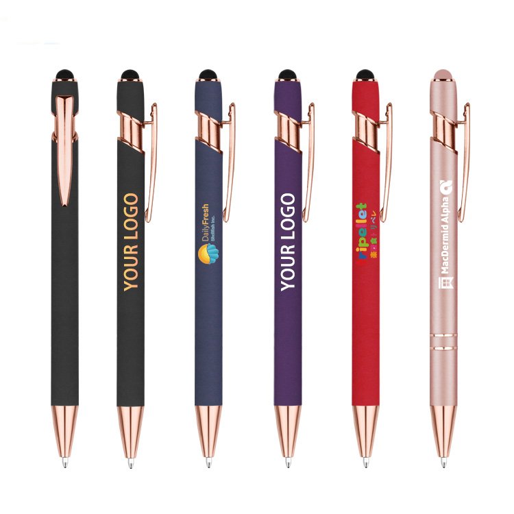 The cheapest aluminum gold rod ballpoint pen for promotion features a custom logo and soft rubber touch screens for mobile phone