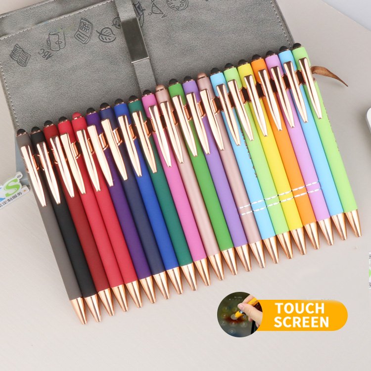 The cheapest aluminum gold rod ballpoint pen for promotion features a custom logo and soft rubber touch screens for mobile phone