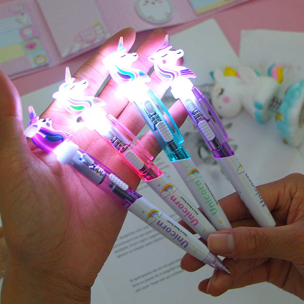 Creative Cartoon Unicorn Light Pen Cute Glowing Ballpoint Pen Student Stationery 0.5mm Writing Tool School Supplies 1015