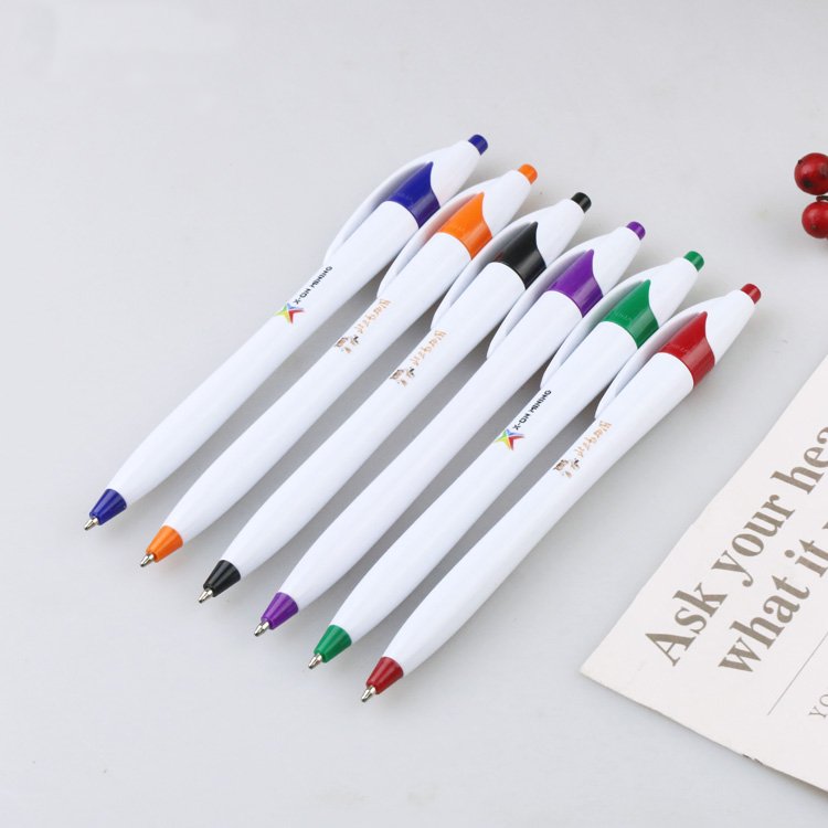 This is a very cheap custom promotional multi-color ballpoint pen with logo and lightweight thin stem