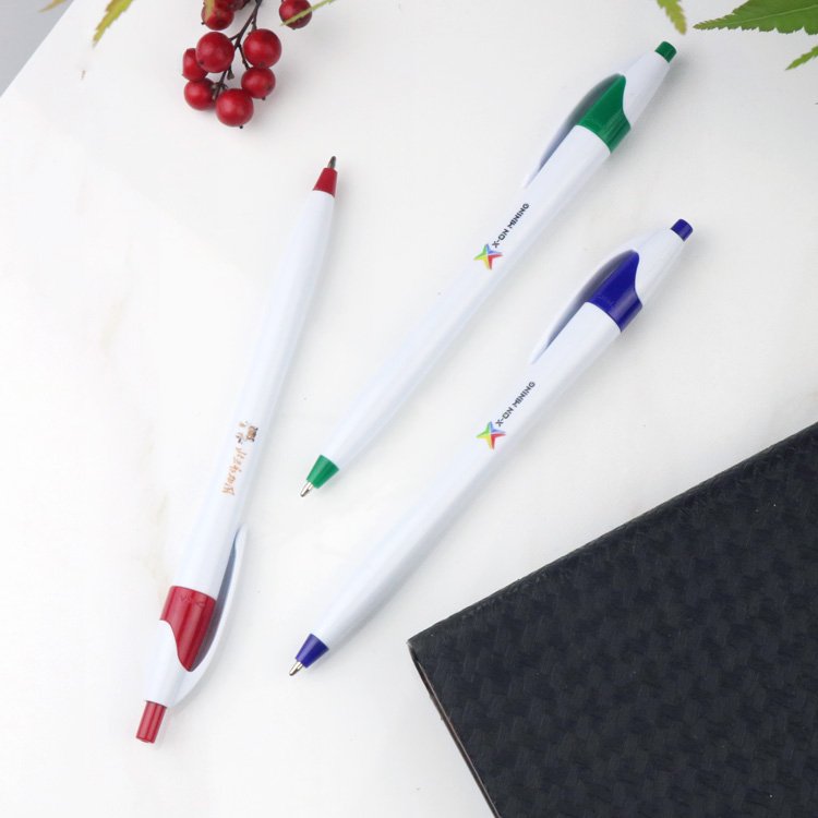 This is a very cheap custom promotional multi-color ballpoint pen with logo and lightweight thin stem