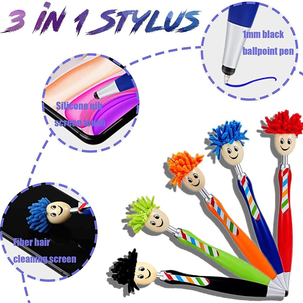 Cute Mop Head Ballpoint pen With Stylus Pen Screen Cleaner 3-in-1 Duster Office School Stationery Gift