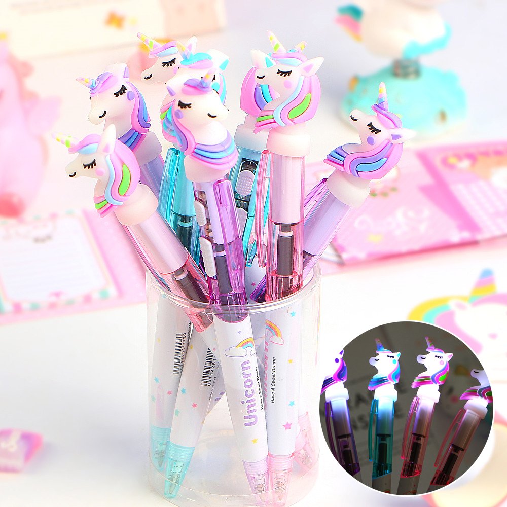Creative Cartoon Unicorn Light Pen Cute Glowing Ballpoint Pen Student Stationery 0.5mm Writing Tool School Supplies