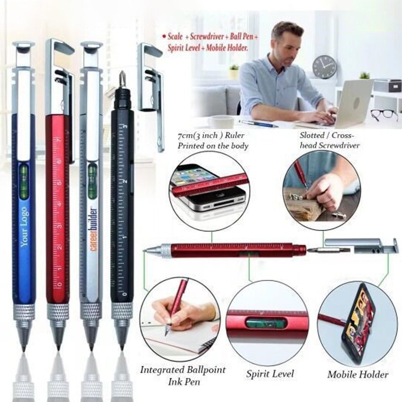 customized plastic 6 in 1 multitool pen multi function screwdriver ballpoint pen tool with phone holder level ruler with logo