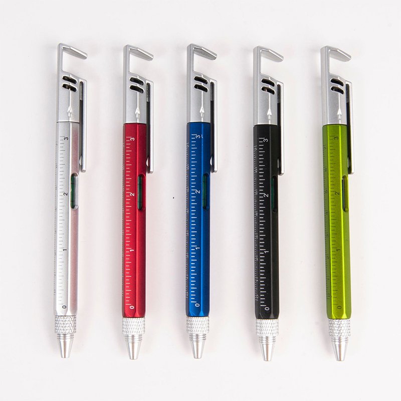 customized plastic 6 in 1 multitool pen multi function screwdriver ballpoint pen tool with phone holder level ruler with logo