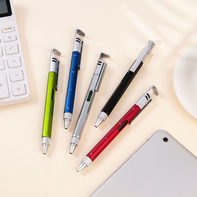 customized plastic 6 in 1 multitool pen multi function screwdriver ballpoint pen tool with phone holder level ruler with logo