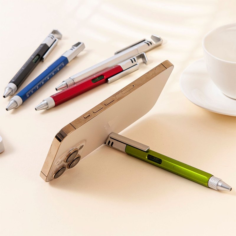 customized plastic 6 in 1 multitool pen multi function screwdriver ballpoint pen tool with phone holder level ruler with logo