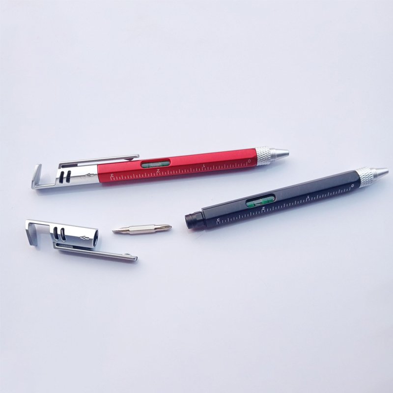 customized plastic 6 in 1 multitool pen multi function screwdriver ballpoint pen tool with phone holder level ruler with logo