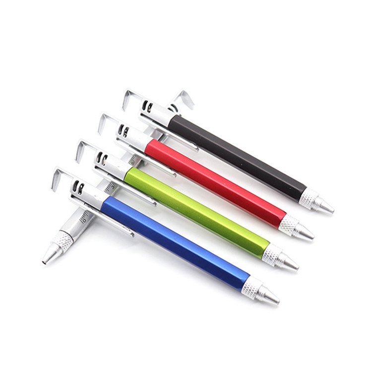 customized plastic 6 in 1 multitool pen multi function screwdriver ballpoint pen tool with phone holder level ruler with logo