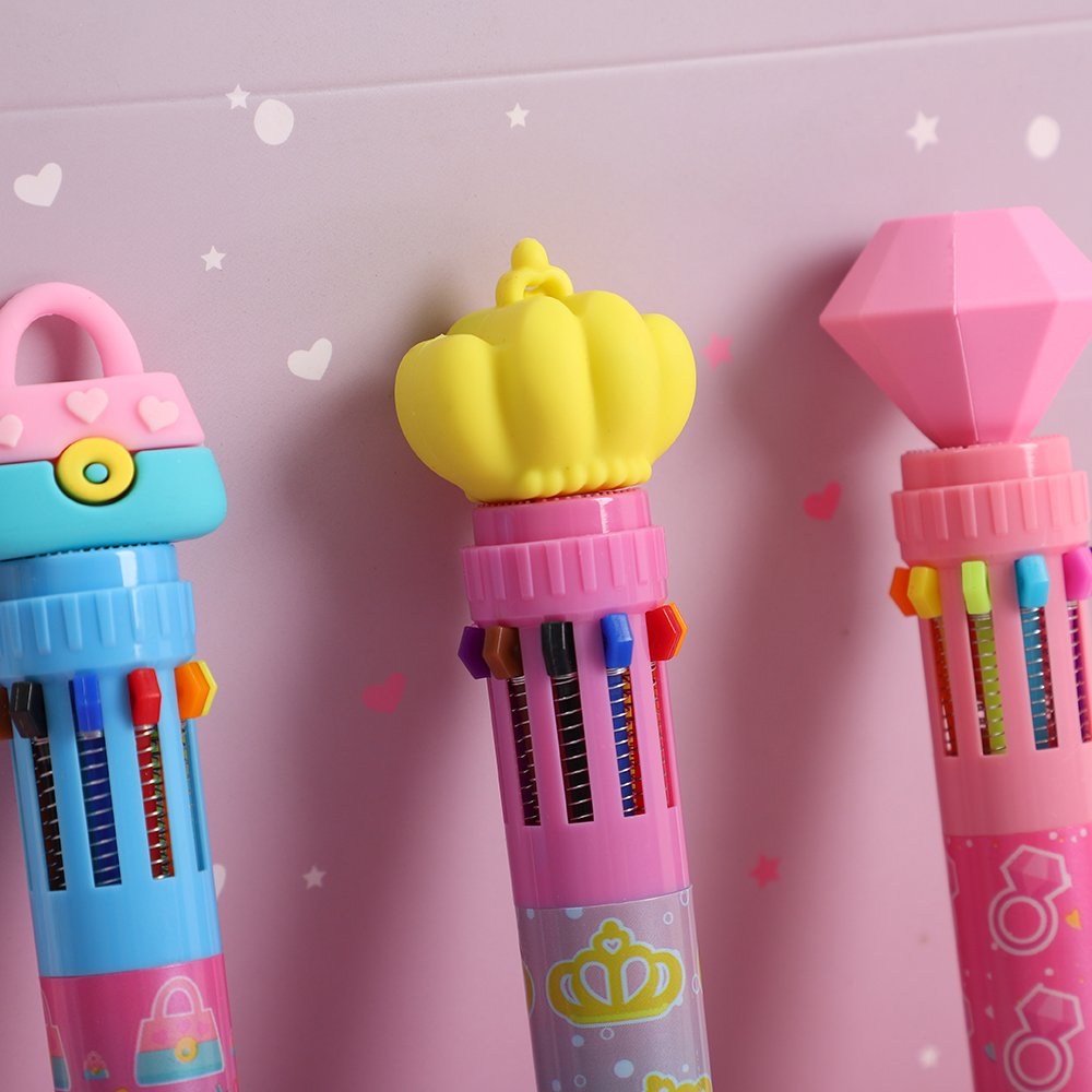 Kids Stationery Cheap Wholesale Beautiful Diamond Crown Handbag Shaped Silicone Multicolor Ballpoint Pen 10 Color Pen