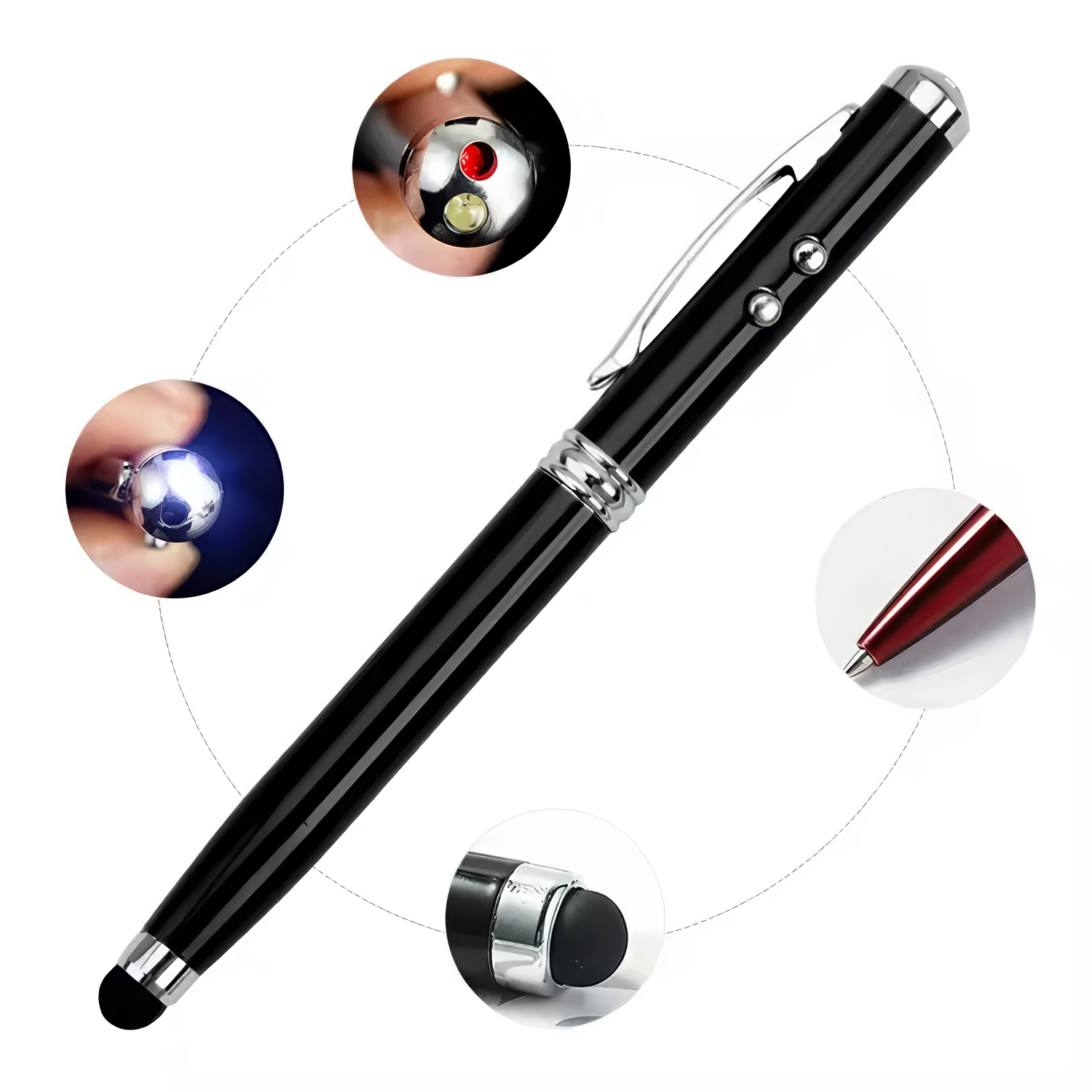 Multifunction 4-in-1 Metal Ballpoint Pen with Laser Pointer Stylus Flashlight Custom Logo 1.0mm Writing for Gifts Promotions
