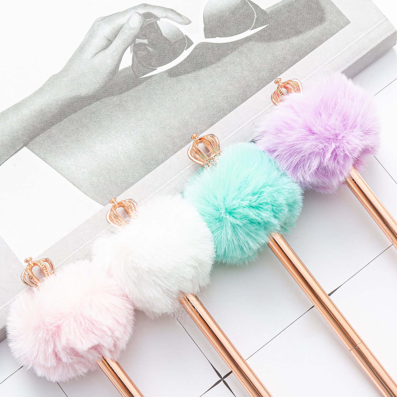 Innovative Kawaii Cute Bow Plush Ballpoint Pens with Logo Scandinavian Style Pom Pom Novelty Metal Body 1.0 mm Christmas Gift