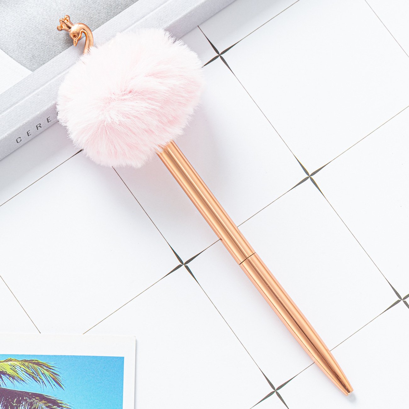 Innovative Kawaii Cute Bow Plush Ballpoint Pens with Logo Scandinavian Style Pom Pom Novelty Metal Body 1.0 mm Christmas Gift