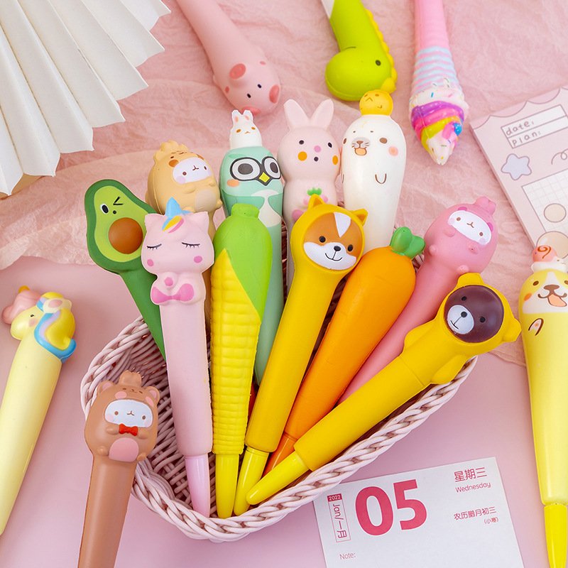 Cute kawaii pen cartoon design promotional squishy gel pen for students memory foam easily recovery decompression ballpoint pen