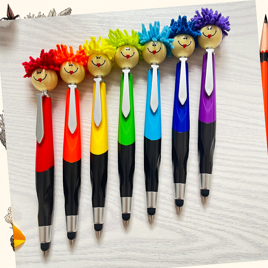 Doll head plush cartoon pen smiley face Touch screen pen Clean mop head ballpoint Gift pen