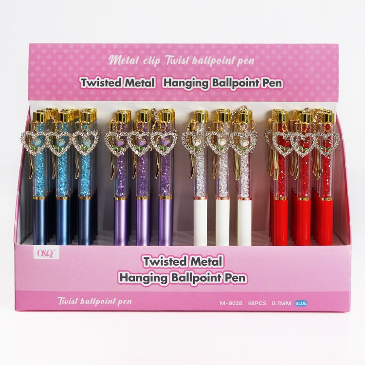 O&Q Metal crystal heart figure rose pendant twisted eco-friendly plastic ballpoint pens with diamond crystal sand
