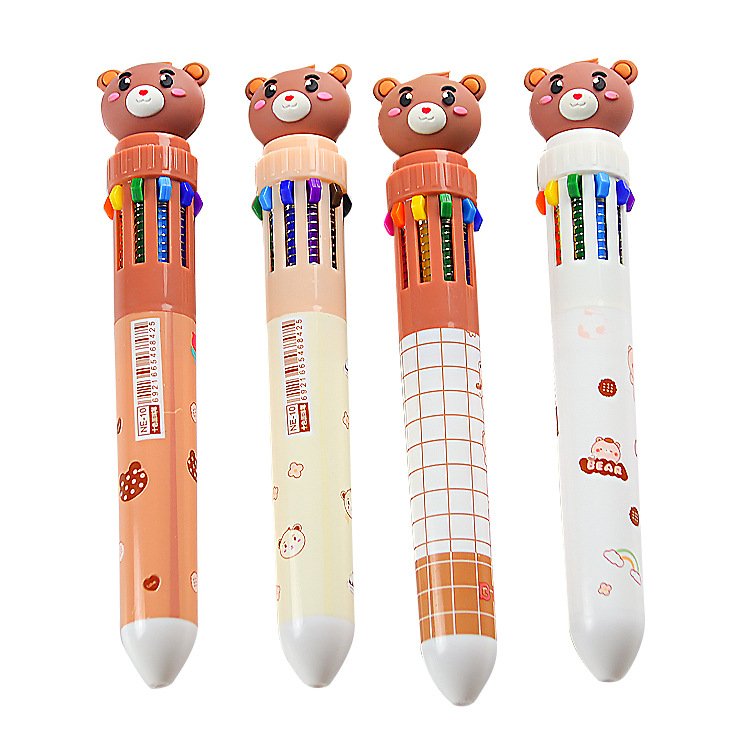 Soododo 10-Color Ballpoint Pen Cute Cartoon Bear Design Wholesale Student Writing Stationery Plastic Material 0.5 mm Width