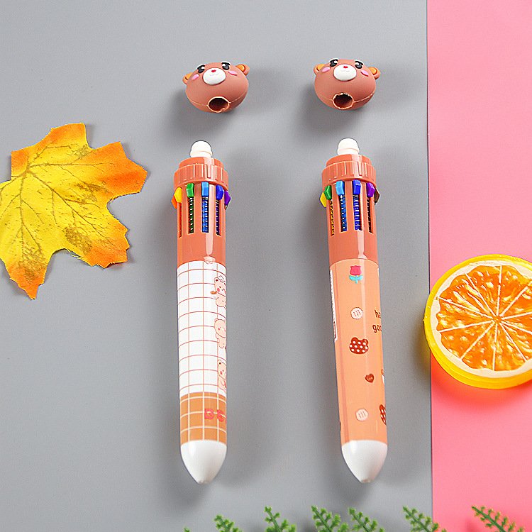Soododo 10-Color Ballpoint Pen Cute Cartoon Bear Design Wholesale Student Writing Stationery Plastic Material 0.5 mm Width
