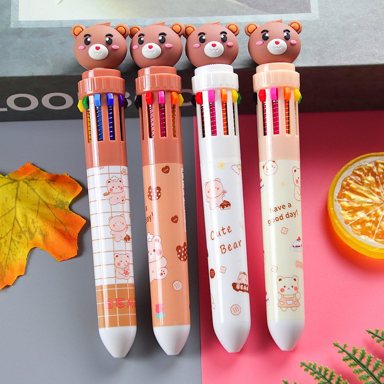 Soododo 10-Color Ballpoint Pen Cute Cartoon Bear Design Wholesale Student Writing Stationery Plastic Material 0.5 mm Width