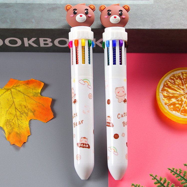 Soododo 10-Color Ballpoint Pen Cute Cartoon Bear Design Wholesale Student Writing Stationery Plastic Material 0.5 mm Width