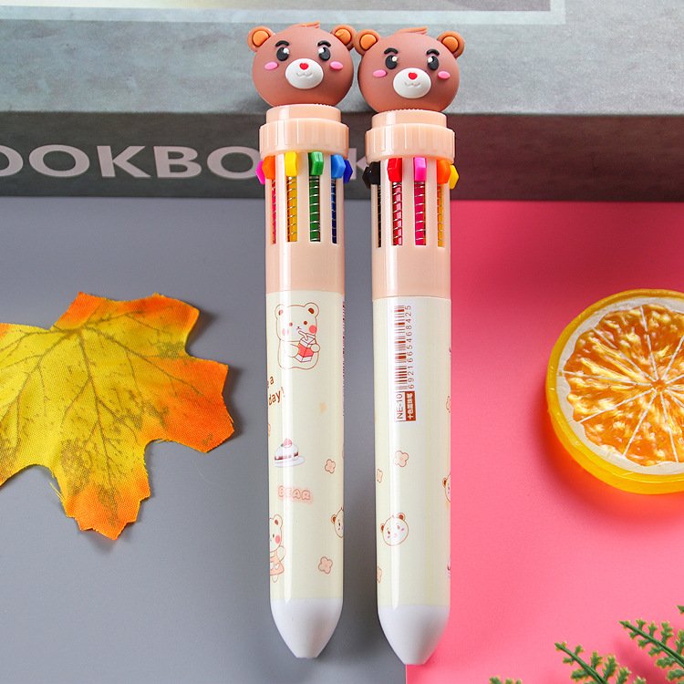 Soododo 10-Color Ballpoint Pen Cute Cartoon Bear Design Wholesale Student Writing Stationery Plastic Material 0.5 mm Width