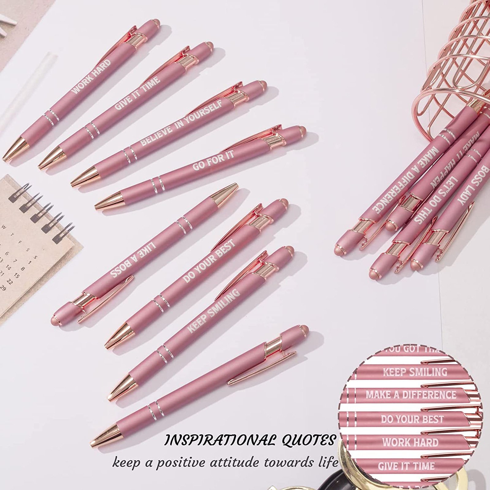 12pcs Inspirational Words Ballpoint Pens Set Metal Pen Motivational Job Related Quotes Plastic School Office Perfect Gift Black