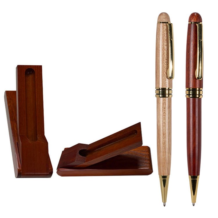 High Quality Cool Natural Wood Luxury Rosewood Wooden Rotating Open 0.5mm Ballpoint Pen with Box Set for Gifts