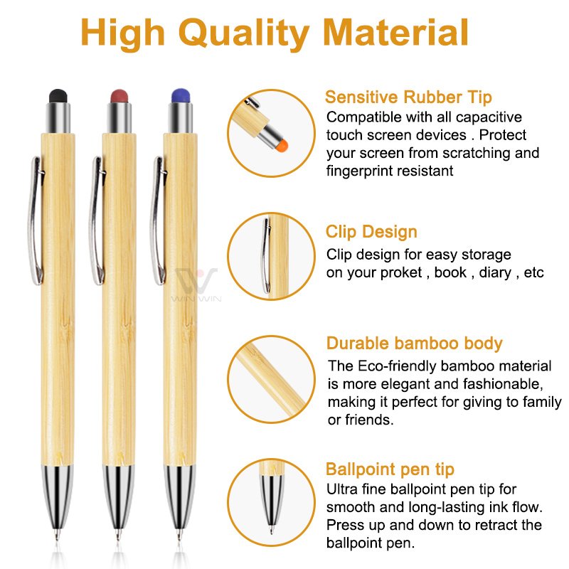 Retractable Ballpoint Pen with Stylus Tip 10 Bamboo Wooden Ball Point Pens 1.0mm Medium Point Black In Pen