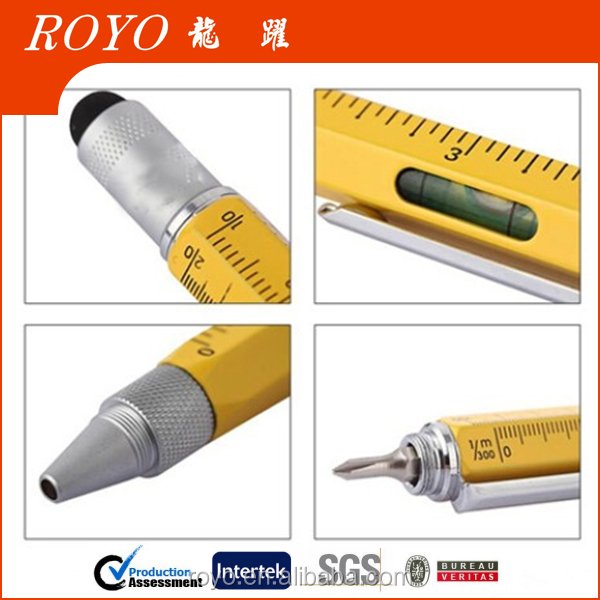 Novelty high quality fine 5 in 1 multifunction tool metal ballpoint pen with stylus touch eveling device bolt driver a scale