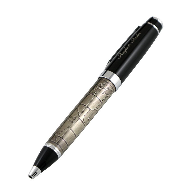 Embossed Bronze world map design high grade high quality heavy ballpoint pen for wedding gift