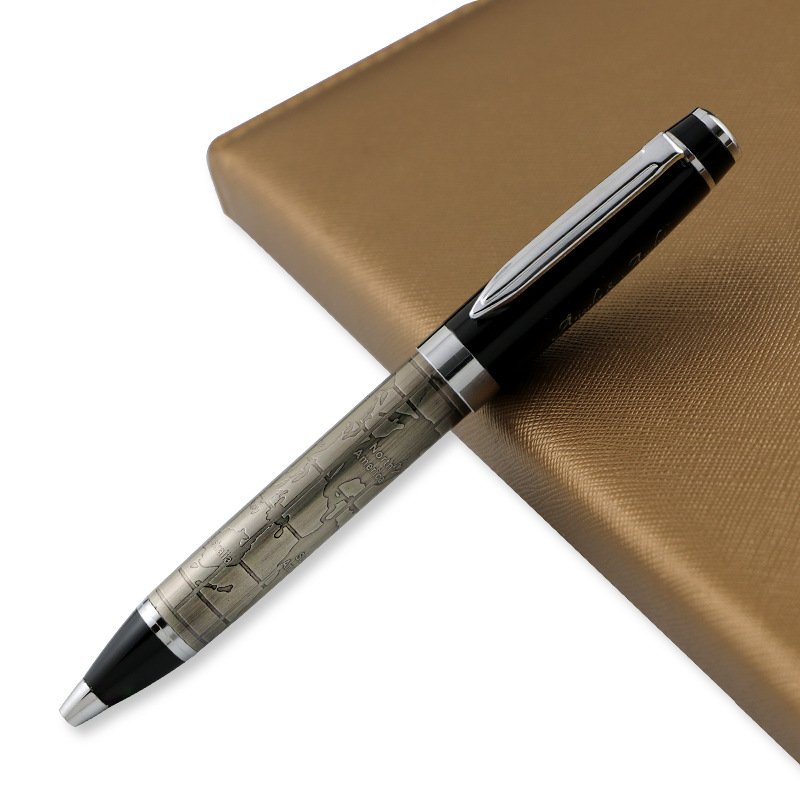 Embossed Bronze world map design high grade high quality heavy ballpoint pen for wedding gift