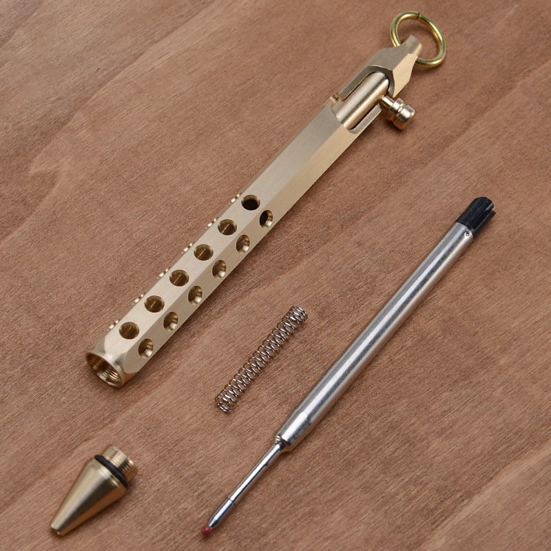 2023 Vintage solid brass hexagonal shaped bolt action ballpen bronze brushed treatment holes EDC pocket Metal Pens for gifts