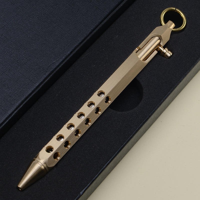 2023 Vintage solid brass hexagonal shaped bolt action ballpen bronze brushed treatment holes EDC pocket Metal Pens for gifts