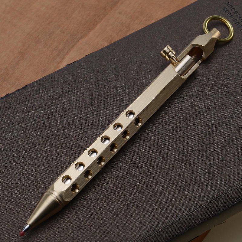 2023 Vintage solid brass hexagonal shaped bolt action ballpen bronze brushed treatment holes EDC pocket Metal Pens for gifts
